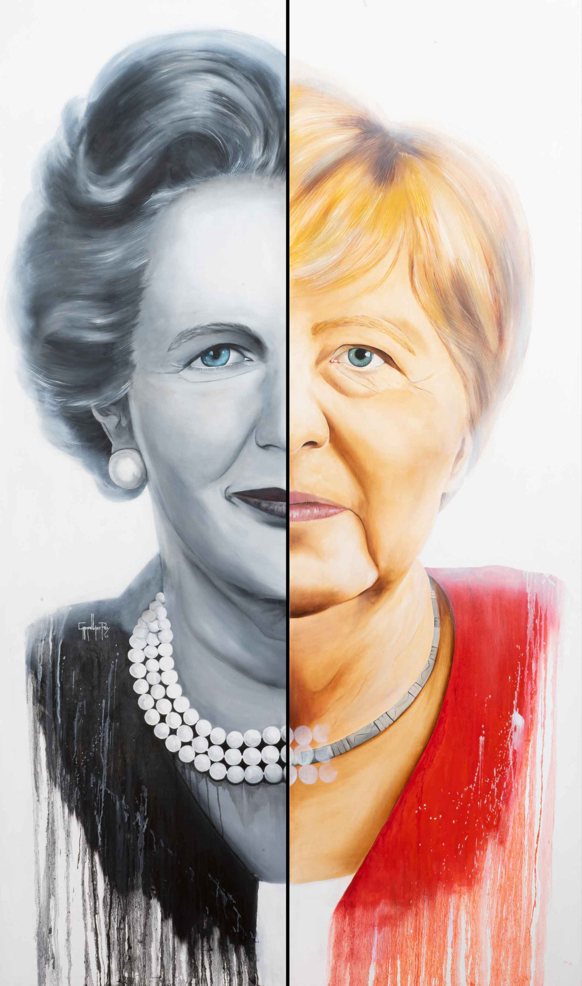 POLÍTICAS_ Margaret Thatcher y Ángela Díptico, óleo tabla 200x120 cm